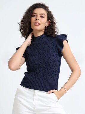 Navy Cable-Knit Sleeveless Turtleneck Sweater